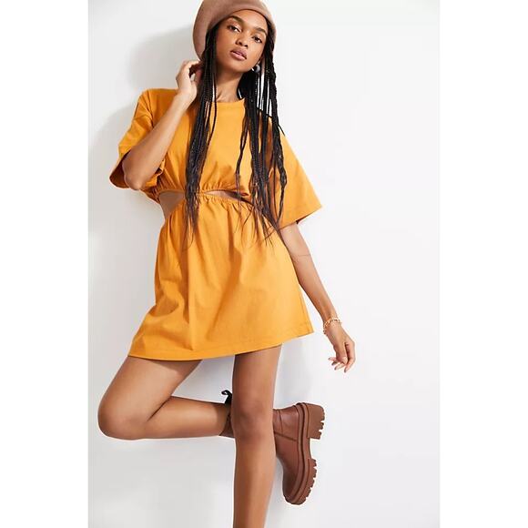 Free People Beach Mustard Orange Dandelion Cut Out Mini T-shirt Dress SZ XS - Picture 4 of 12
